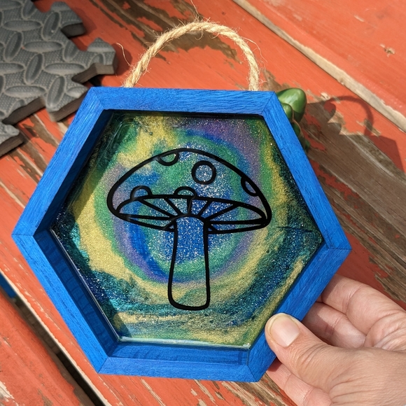 Mushroom Wall Hanging Blue Wood Shadowbox Art Handmade Nature Cottagecore - Picture 4 of 11